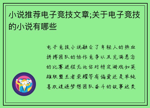 小说推荐电子竞技文章;关于电子竞技的小说有哪些